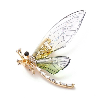 Dragonfly Enamel Pin, Exquisite Insect Alloy Rhinestone Brooch for Women Girl, Light Gold, Lime Green, 47x60x2mm, Pin: 0.7mm
