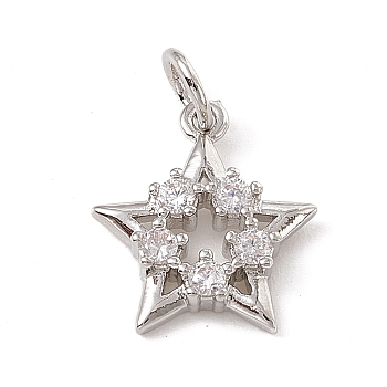 Brass Micro Pave Cubic Zirconia Charms, with Jump Ring, Star Charm, Platinum, 14.5x12x2.5mm, Hole: 3mm