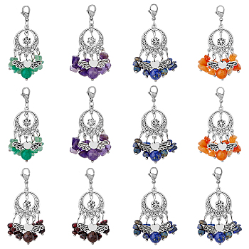 Natural Gemstone Pendant Decorations, with Alloy Findings & 304 Stainless Steel Lobster Claw Clasps, Woven Net/Web with Feather, 55mm, 12pcs/box
