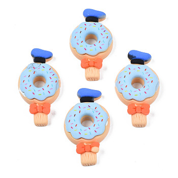 Opaque Resin Cabochons, Rubberized Style, Imitation Food, Donut with Hat & Bowknot, Bisque, 29.5~31.5x16.5~17.5x6mm