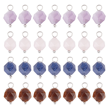 40Pcs 4 Styles Faceted Natural Mixed Stone Charms, Natural Tiger Eye & Sodalite & Amethys & Rose Quartz, with Platinum Tone Brass Loops, Star Cut Round, 13.5x7.5~8x7.5~8mm, Hole: 3mm, 10pcs/style