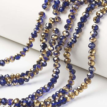Electroplate Transparent Glass Beads Strands, Half Golden Plated, Faceted, Rondelle, Dark Blue, 6x5mm, Hole: 1mm, about 83~85pcs/strand, 38~39cm