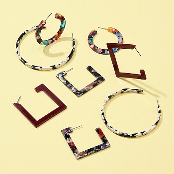 4Pairs 4 Style Cellulose Acetate(Resin) Half Hoop Earrings, with 304 Stainless Steel Pin, Square & Round Large Stud Earrings for Women, Mixed Color, 39.5~58x39~59x2~4mm, 1pair/style