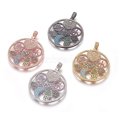 Mixed Color Colorful Flat Round Brass+Cubic Zirconia Pendants