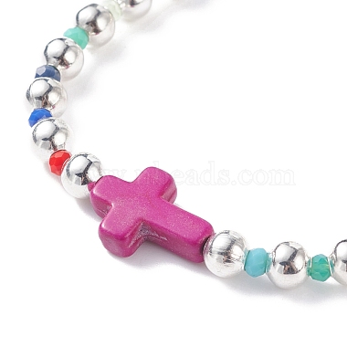 bracelet extensible en croix synthétique turquoise (teint) avec verre pour femme(BJEW-JB07663)-7