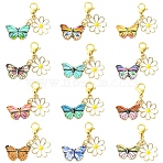 12Pcs Butterfly & Flower Alloy Enamel Pendants Decorations, with 304 Stainless Steel Lobster Claw Clasps, Mixed Color, 38mm(HJEW-YW00122)