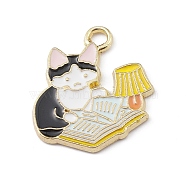 Alloy Enamel Pendants, Golden, Cat with Book Charm, White, 25x22x1.7mm, Hole: 2.2mm(ENAM-R137-01G-03)
