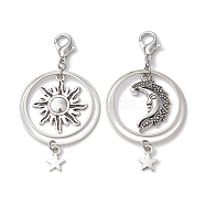 2Pcs Alloy Pendant Decorations, with Zinc Alloy Lobster Claw Clasps, Sun & Moon & Star, Antique Silver, 65mm, 2 styles, 1pc/style(HJEW-JM01316)