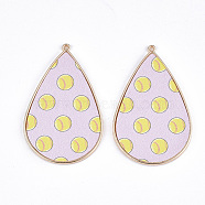 PU Leather Big Pendants, with Golden Plated Alloy Findings, teardrop, with Ball Pattern, Yellow, 58x37x3mm, Hole: 1.6mm(FIND-S314-004D)