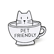 Cat with Cup Enamel Pin, Word Pet Friendly Alloy Badge for Backpack Clothes, Electrophoresis Black, White, 26.5x29.5x2mm(JEWB-G014-A04-B)