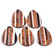 Stripe Resin & Walnut Wood Pendants, Teardrop, Dark Orange, 36x26x3mm, Hole: 1.8mm(RESI-N025-015A-D02)
