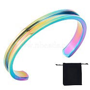 1Pc 304 Stainless Steel Grooved Bangles, Cuff Bangle, for Gemstone, Leather Inlay Bangle Making, with 1Pc Velvet Pouch, Rainbow Color, 1/4 inch(0.75cm), Inner Diameter: 2-3/8 inch(6.1cm)(FIND-UN0043-39M)