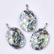 Double-Sided Natural Abalone Shell/Paua Shell Pendants, with Platinum Plated Random Brass Pendant Bails, Oval, Colorful, 40x30x8mm, Hole: 5x3~4mm(SSHEL-N034-04)