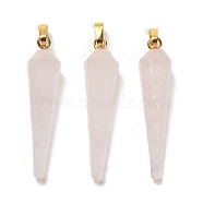Natural Rose Quartz Pointed Pendants, Faceted Cone Charms with Golden Plated Barss Snap on Bails, 35~35.5x8~8.5mm, Hole: 6.5x4mm(G-D089-01G-06)