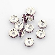 Brass Grade A Rhinestone Spacer Beads, Silver Color Plated, Nickel Free, Light Amethyst, 6x3mm, Hole: 1mm(RSB036NF-16)
