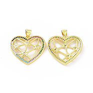 Brass Micro Pave Cubic Zirconia Pendants, Heart with Star Charm, Golden, Colorful, 27.5x25x3.5mm, Hole: 5x3mm(ZIRC-P106-04G-01)