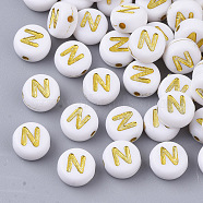 Plating Acrylic Beads, Golden Metal Enlaced, Horizontal Hole, Flat Round with Alphabet, White, Letter.N, 7x3.5mm, Hole: 1.2mm, about 3600pcs/500g(PACR-R242-01N)