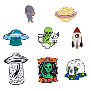 8pcs 8 style Alien Theme Enamel Pins, Alloy Enamel Brooches for Backpack Clothes, Mixed Shape, Mixed Color, 10~43x12.5~34x9~11mm, 1pc/style(JEWB-SK0001-01)