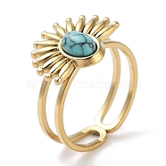 Ion Plating(IP) 304 Stainless Steel Ring, Synthetic Turquoise Rings, Flower, 15.5x12.5mm, Inner Diameter: Adjustable(RJEW-B059-01G-03)