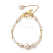 Natural & Pearl & Brass Tube Beaded Bracelets, Real 14K Gold Plated, 7 inch(17.7cm)(BJEW-C051-47G)