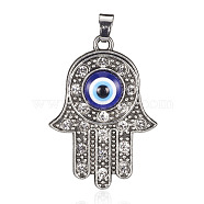 Alloy Pendants, with Rhinestone and Lampwork Cabochons, Hamsa Hand/Hand of Fatima/Hand of Miriam with Evil Eye, Antique Silver, 41.5x29x6mm, Hole: 5x6mm(TIBE-A007-008AS)