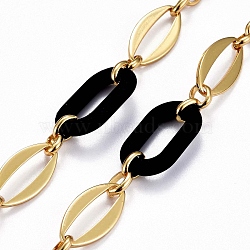 Handmade Brass Oval Link Chains, with Acrylic Linking Rings, Unwelded, Real 18K Gold Plated, Black, Link: 8.5x6.5x2mm and 24x12x2mm, Acrylic: 27.5x16.5x4.5mm. (CHC-H102-16G-F)