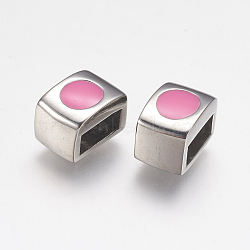 304 Stainless Steel Enamel Slide Charms, Rectangle, Pink, Stainless Steel Color, 10x7x7mm, Hole: 3x7mm(STAS-I097-076P)