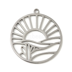 201 Stainless Steel Pendants, Flat Round with Sun, Stainless Steel Color, 27.5x25x1mm, Hole: 1.5mm(STAS-B049-17P)