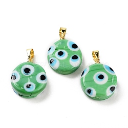 Handmade Evil Eye Lampwork Pendants, with Rack Plating Brass Findings, Long-Lasting Plated, Lead Free & Cadmium Free, Flat Round, Sea Green, 19.5x16x6mm, Hole: 4.2x3.8mm(LAMP-F030-01G-05)