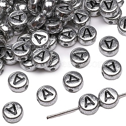 50Pcs Silver Plating Acrylic Beads, Alphabet Beads, Flat Round with Letter, Letter A, 7x4mm, Hole: 1mm(PW-WG2E8AD-26)