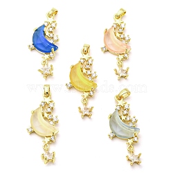 Rack Plating Brass Pave Clear Cubic Zirconia Pendants, Resin Moon with Star Charms, Long-Lasting Plated, Cadmium Free & Lead Free, Real 18K Gold Plated, Mixed Color, 32x13x4.5mm, Hole: 2x5mm(RESI-G086-05G)