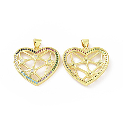 Brass Micro Pave Cubic Zirconia Pendants, Heart with Star Charm, Golden, Colorful, 27.5x25x3.5mm, Hole: 5x3mm(ZIRC-P106-04G-01)