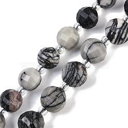 Natural Black Netstone Beads Strands, Faceted, Lantern, with Seed Beads, 8mm, Hole: 0.9mm, about 38~41pcs/strand,  15.31~15.51 inch''(38.9~39.4cm)(G-G182-B32-03)