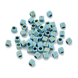 Opaque Acrylic Beads, Cube with Letter, Golden Metal Enlaced, Deep Sky Blue, 6x6x9mm, Hole: 3mm, about 3125pcs/500g(OACR-H046-01G)