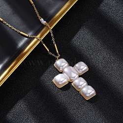 Cross 304 Stainless Steel & Plastic Pearl Pendant Necklaces for Women, Ion Plating(IP), Real 18K Gold Plated, 17.19 inch(43.65cm)(NJEW-U032-12G)