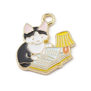 Alloy Enamel Pendants, Golden, Cat with Book Charm, White, 25x22x1.7mm, Hole: 2.2mm