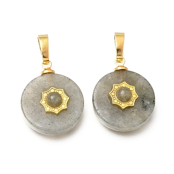 Natural Labradorite Pendants, Flat Round Charms with Brass Sun, Golden, 20x16x7mm, Hole: 6.5x3.5mm