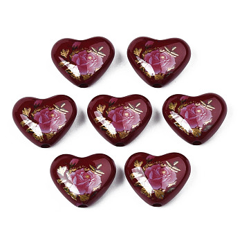 Flower Printed Opaque Acrylic Heart Beads, Coconut Brown, 16x19x8mm, Hole: 2mm