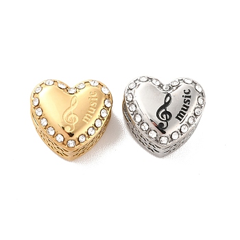 304 Stainless Steel European Beads, Large Hole Beads, with Rhinestone and Enamel, Heart with Musical Note, Mixed Color, 11.5x12.5x8.2mm, Hole: 4.2mm
