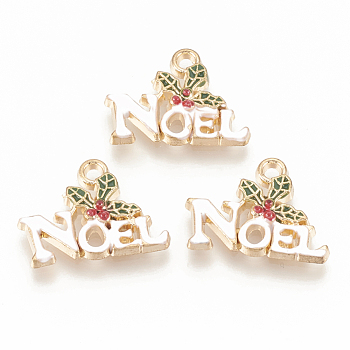 Alloy Enamel Pendants, Christmas Holly Leaves with Word Noel, Dark Olive Green, 14x19x3mm, Hole: 1.8mm