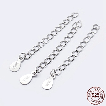 925 Sterling Silver End with Extender Chains and Teardrop Charms, with S925 Stamp, Silver, 35~40mm, Hole: 1.5mm