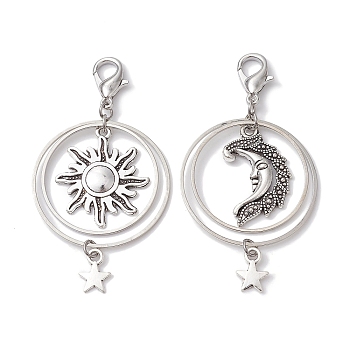 2Pcs Alloy Pendant Decorations, with Zinc Alloy Lobster Claw Clasps, Sun & Moon & Star, Antique Silver, 65mm, 2 styles, 1pc/style
