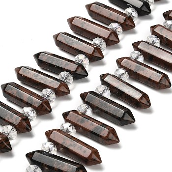 Natural Mahogany Obsidian Double Terminated Point Beads Strands, with Glass Beads, Faceted Bullet, Top Drilled, 31~33x7~9x7~9mm, Hole: 1mm, about 26~27pcs/strand, 15.16~15.75''(38.5~40cm)