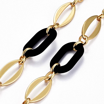 Handmade Brass Oval Link Chains, with Acrylic Linking Rings, Unwelded, Real 18K Gold Plated, Black, Link: 8.5x6.5x2mm and 24x12x2mm, Acrylic: 27.5x16.5x4.5mm. 
