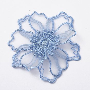 Lace Embroidery Costume Accessories, Applique Patch, Sewing Craft Decoration, Flower, Light Blue, 70x2mm
