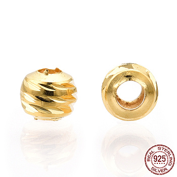 925 Sterling Silver Beads, Grooved Round, Nickel Free, Real 18K Gold Plated, 3x2.5mm, Hole: 1mm