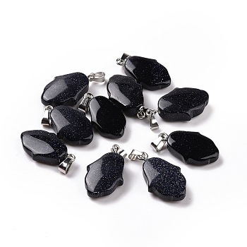 Synthetic Blue Goldstone Pendants, Hamsa Hand Charms, with Platinum Plated Alloy Snap on Bails, 24~24.5x15x7mm, Hole: 5.5x3mm
