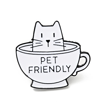 Cat with Cup Enamel Pin, Word Pet Friendly Alloy Badge for Backpack Clothes, Electrophoresis Black, White, 26.5x29.5x2mm