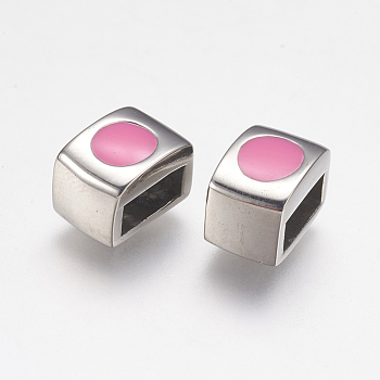 304 Stainless Steel Enamel Slide Charms, Rectangle, Pink, Stainless Steel Color, 10x7x7mm, Hole: 3x7mm