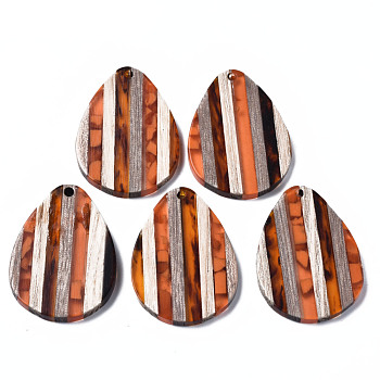 Stripe Resin & Walnut Wood Pendants, Teardrop, Dark Orange, 36x26x3mm, Hole: 1.8mm